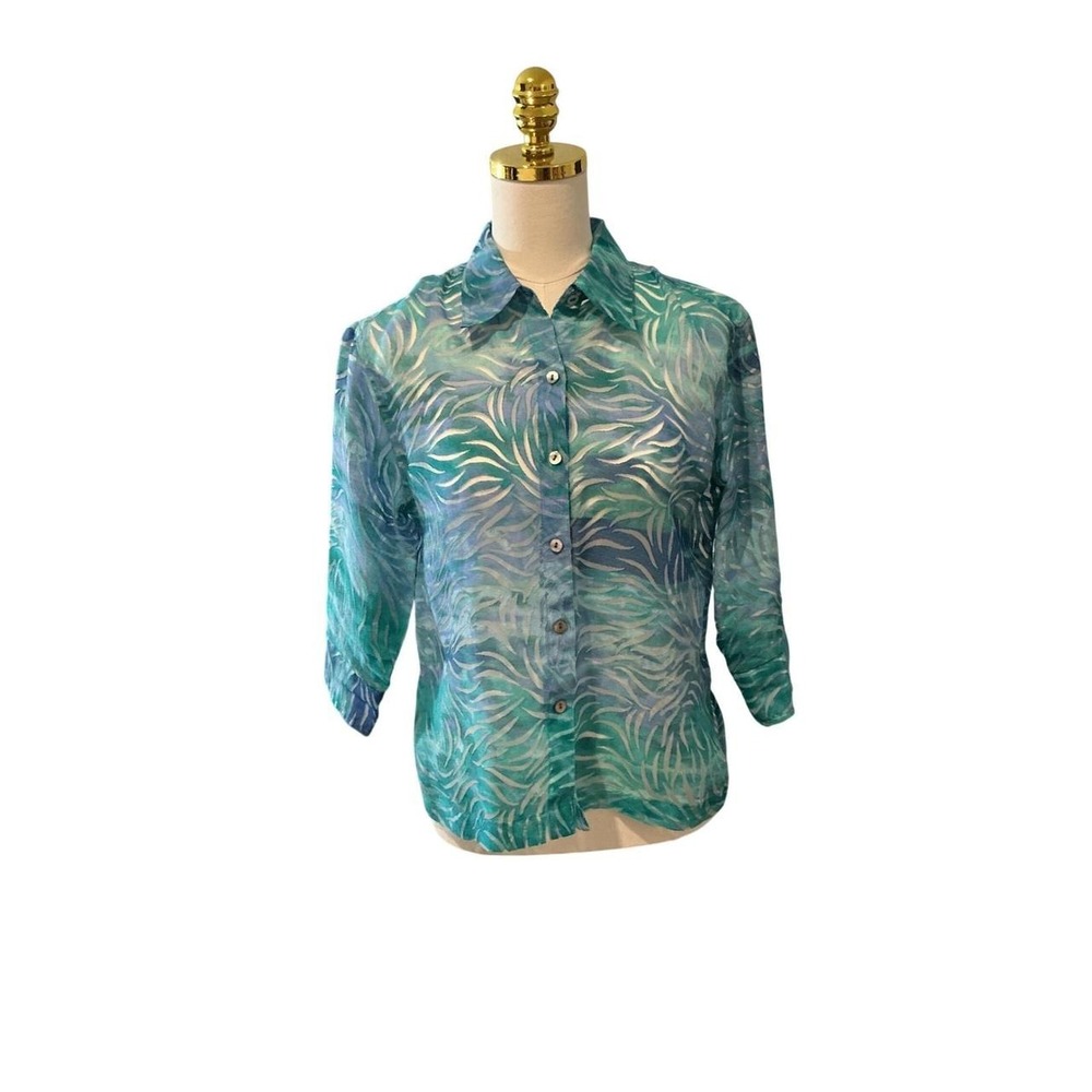 Mirasol Button‎ Front Blouse Womens Small Teal Blue Burnout Sheer 3/4 Sleeve Top